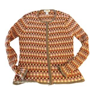 Talbots Knit Cardigan Sweater Pink Brown metallic Plaid Full Zip Long Sleeve M/L